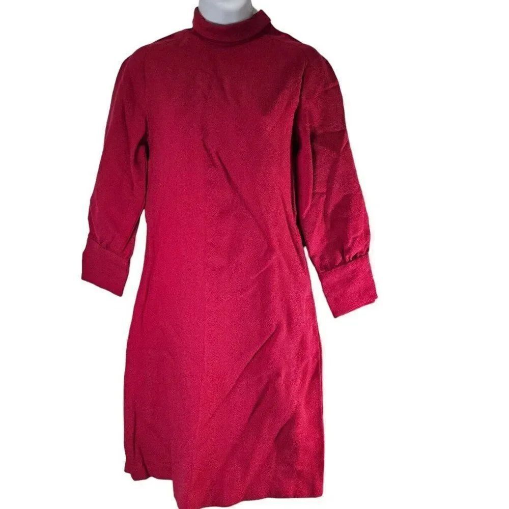 Vintage 60s Dress Womens Size Medium Red Sheath High Neck Mod Fitted Long Sleeve